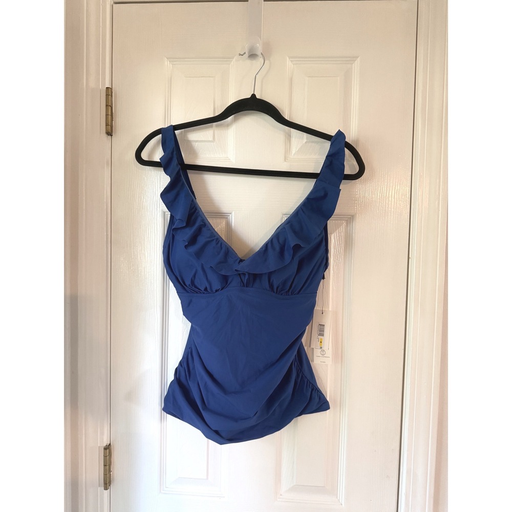 DKNY Womens Royal Blue Ruffled V-Neck Tankini Top Ruched Tummy Control Medium